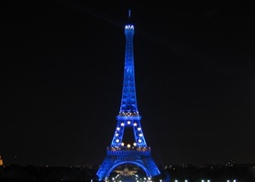 blue eiffel tower in paris